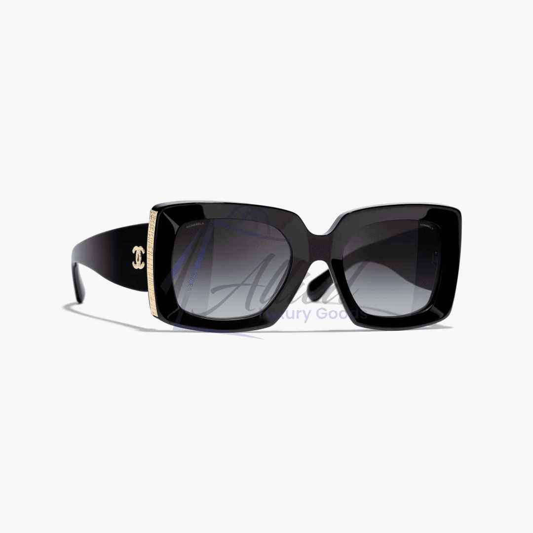 CHANEL Black & Gold Rectangular Sunglasses