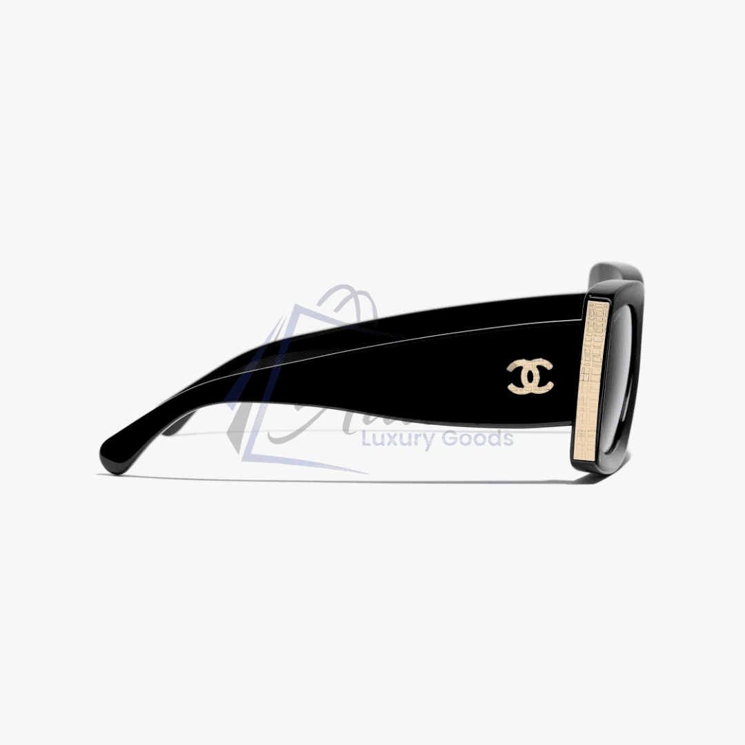 CHANEL Black & Gold Rectangular Sunglasses