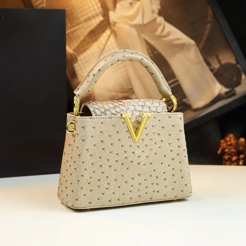 Ostrich Print Trapezoid Handbag