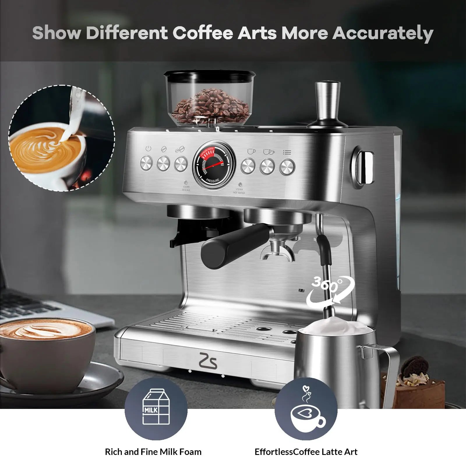 Professional Espresso Coffee Maker with Built-in Grinder and Steam Wand
