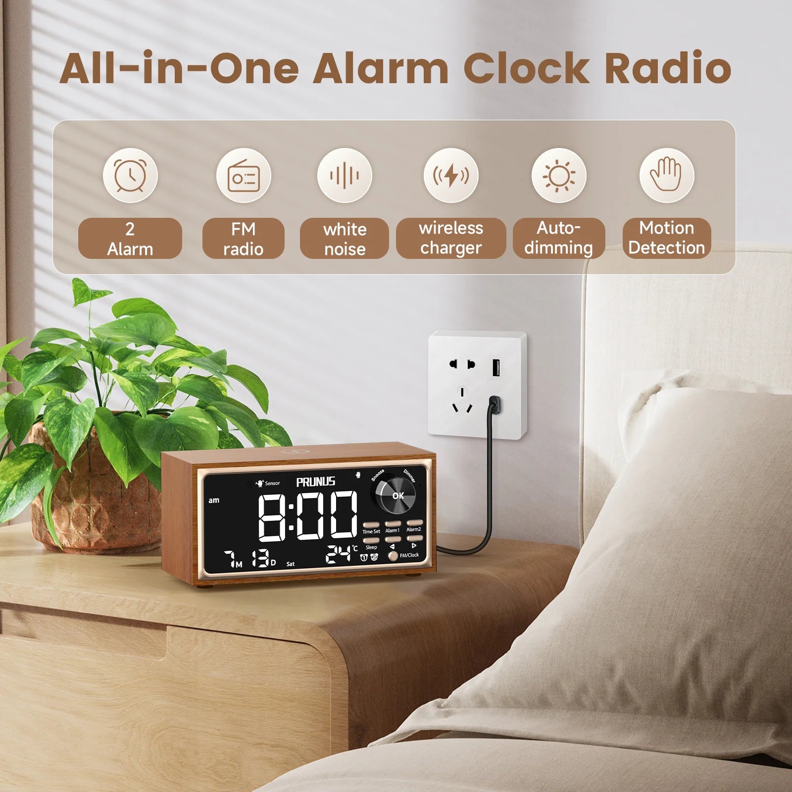 Vintage-Inspired Multifunctional Tabletop Alarm Clock with Wireless Charging & FM Radio