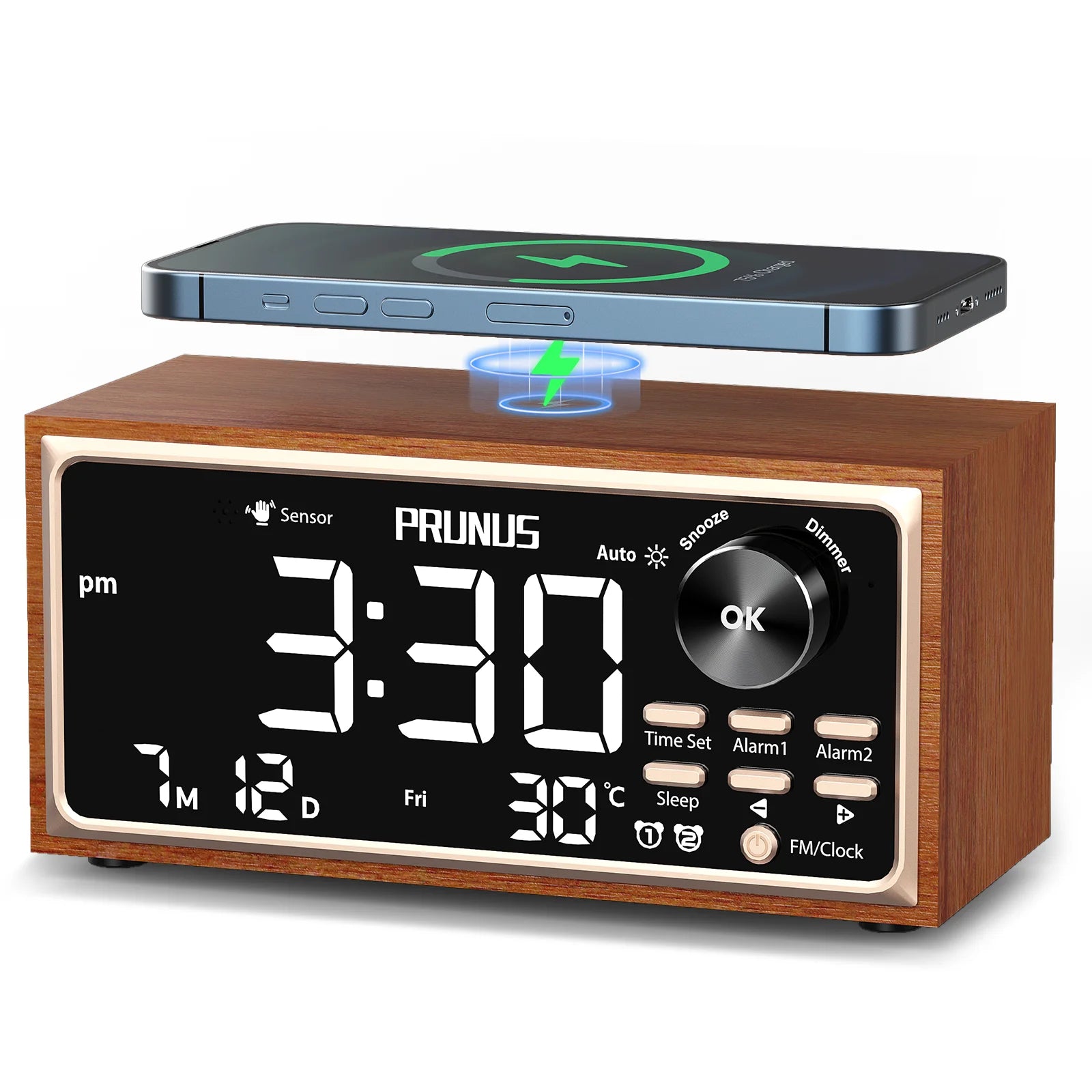 Vintage-Inspired Multifunctional Tabletop Alarm Clock with Wireless Charging & FM Radio
