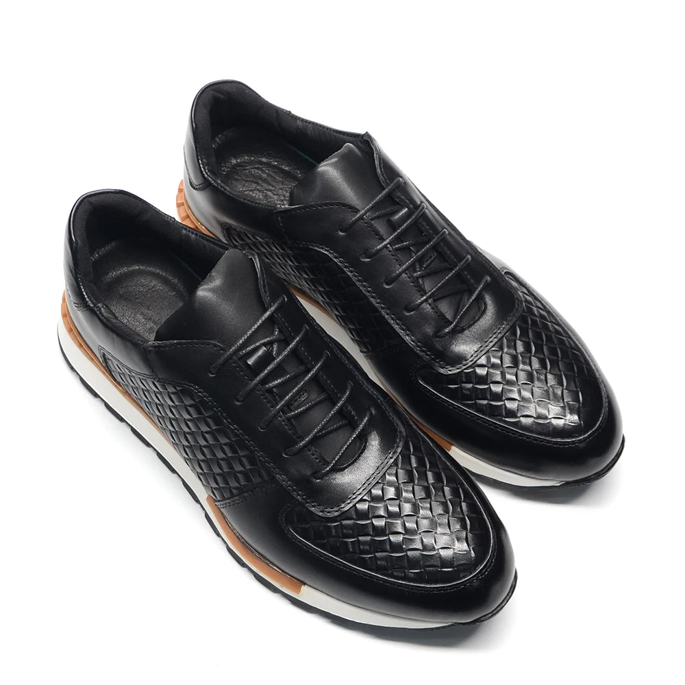 Men’s Luxury Plaid Weave Leather Sneakers | European Craftsmanship with Signature Texture