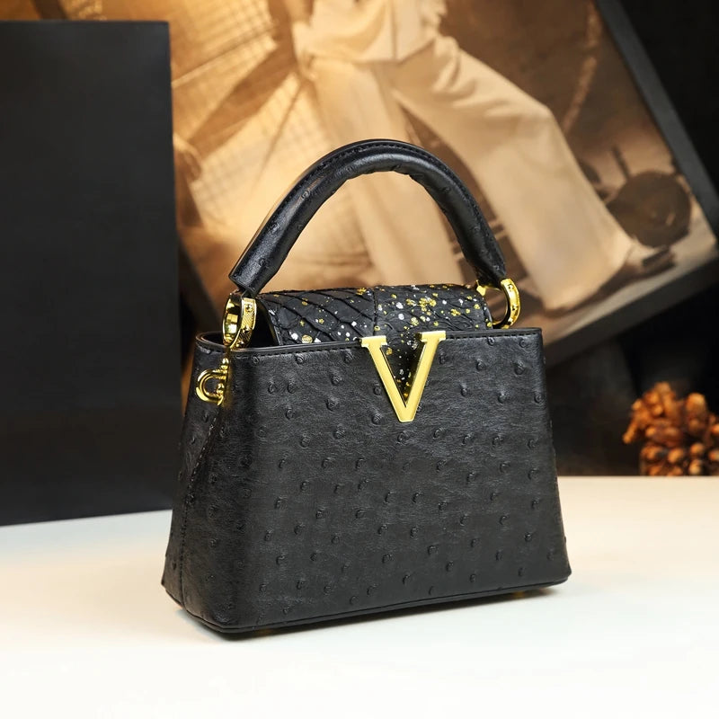 Ostrich Print Trapezoid Handbag