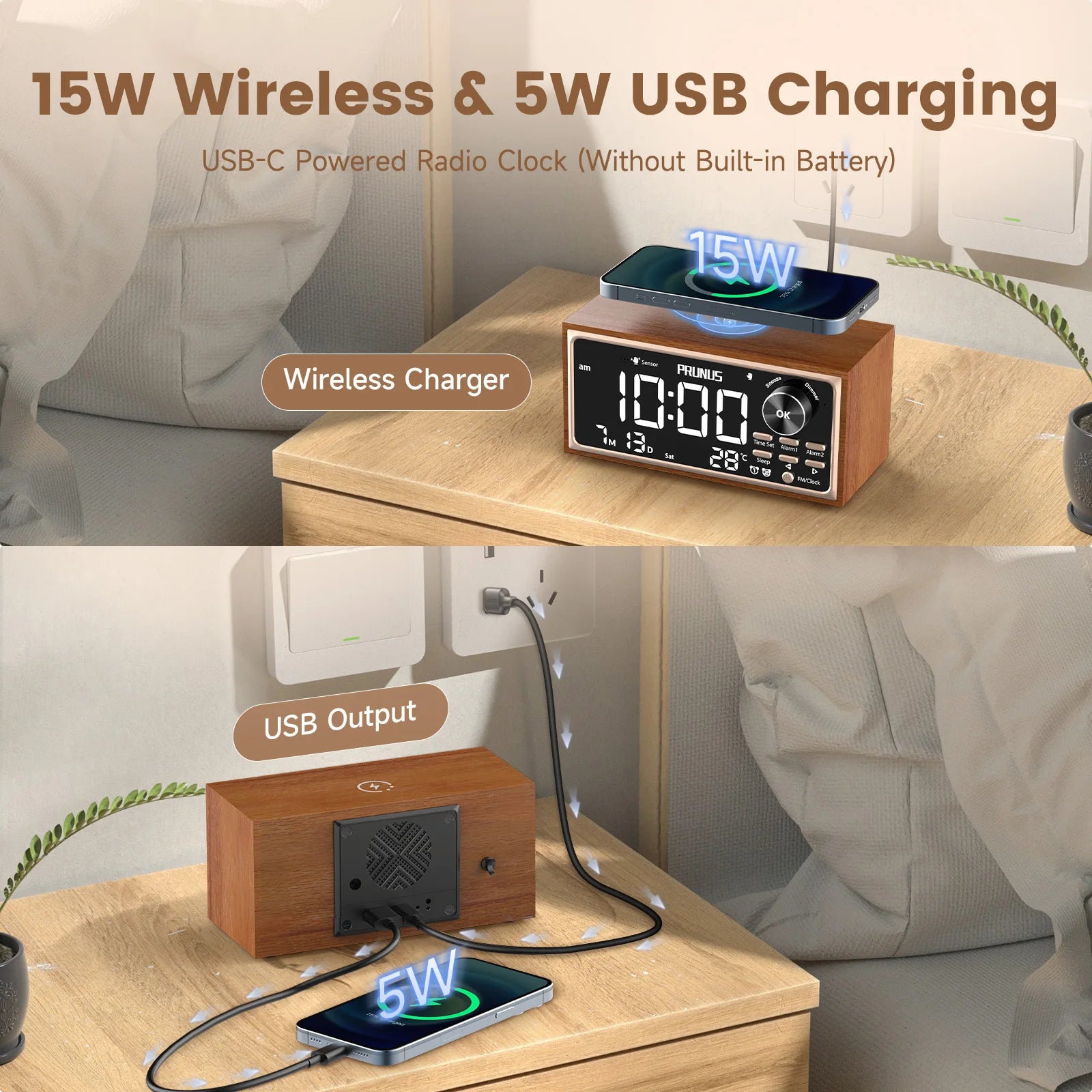 Vintage-Inspired Multifunctional Tabletop Alarm Clock with Wireless Charging & FM Radio