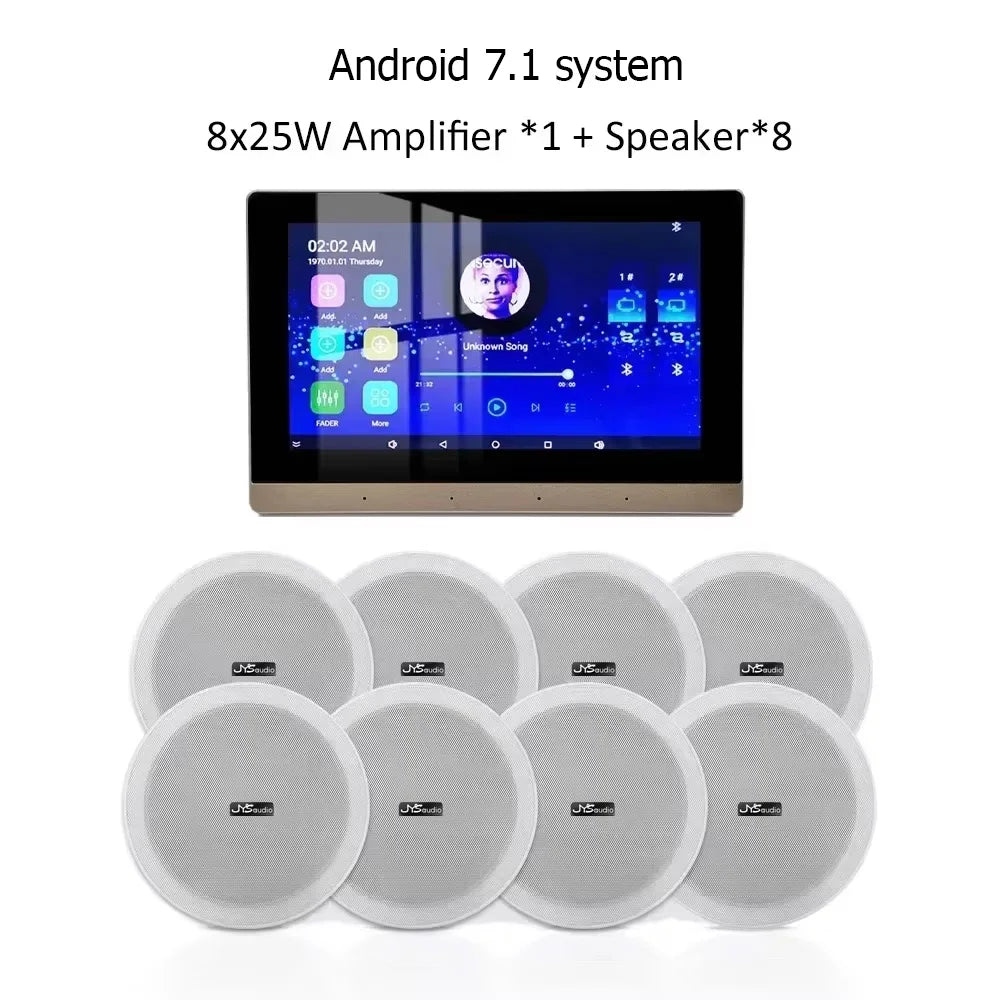 Wall-Mounted Wi-Fi Audio Amplifier with 8 Ceiling Speakers – Dual-Zone Bluetooth Control