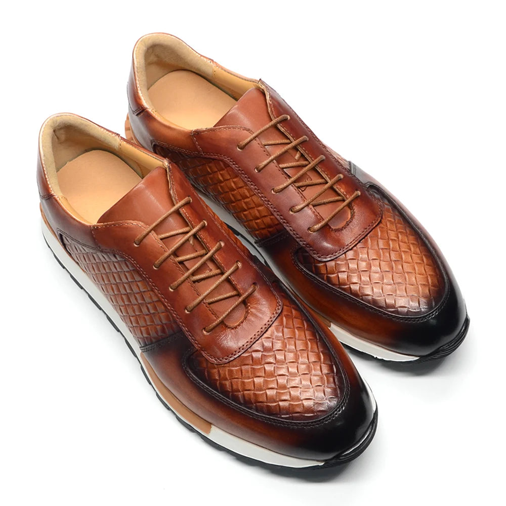 Men’s Luxury Plaid Weave Leather Sneakers | European Craftsmanship with Signature Texture