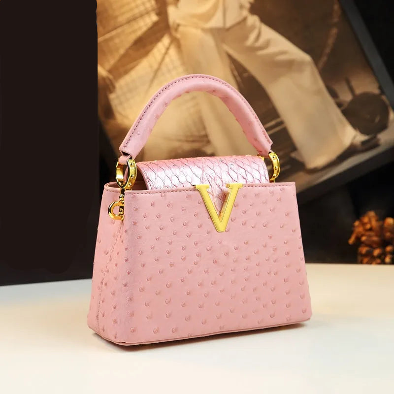 Ostrich Print Trapezoid Handbag