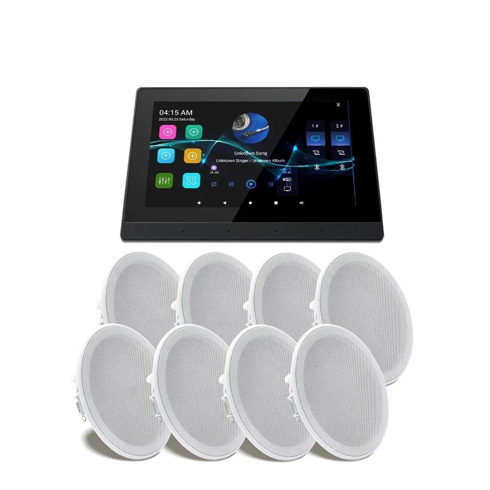 Wall-Mounted Wi-Fi Audio Amplifier with 8 Ceiling Speakers – Dual-Zone Bluetooth Control