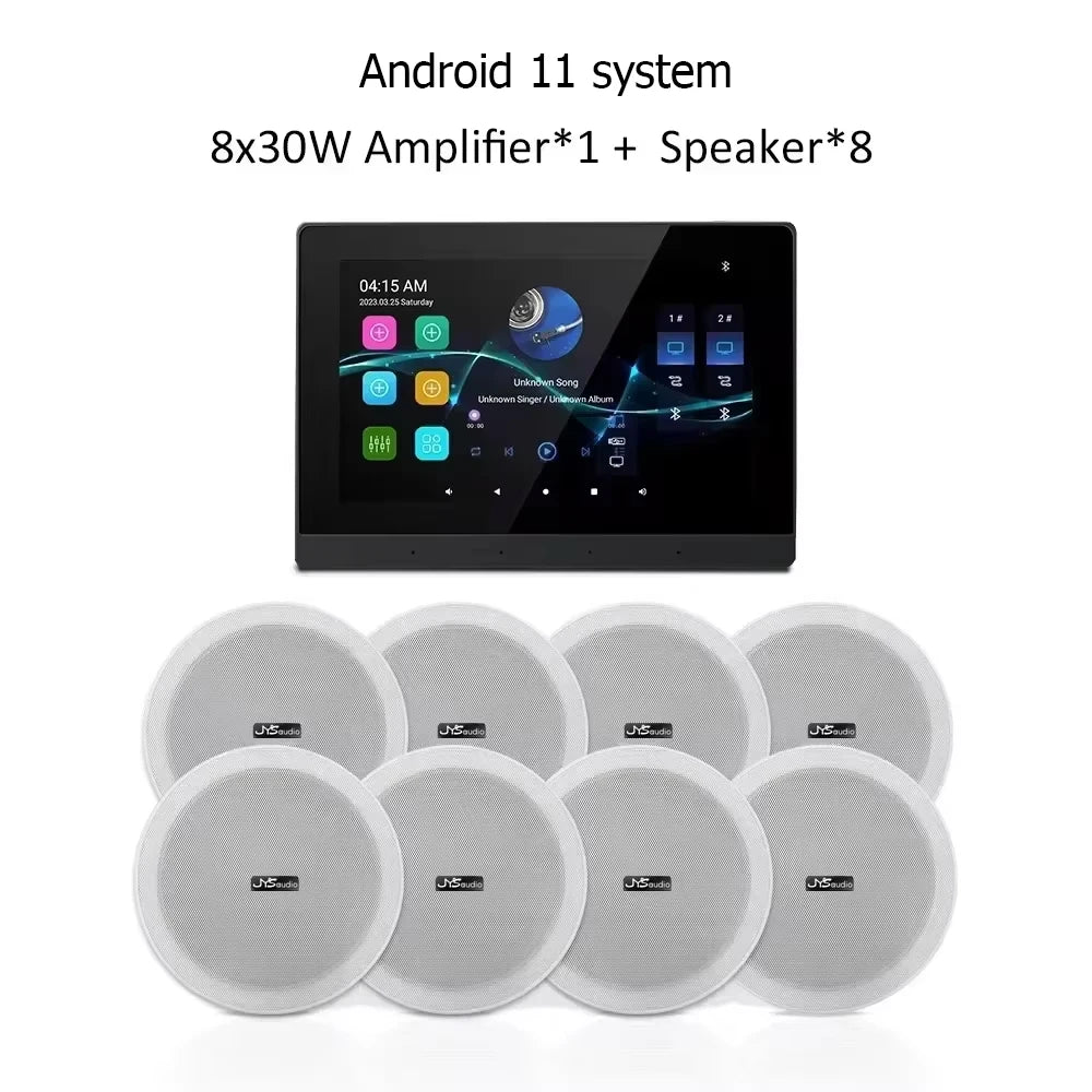 Wall-Mounted Wi-Fi Audio Amplifier with 8 Ceiling Speakers – Dual-Zone Bluetooth Control