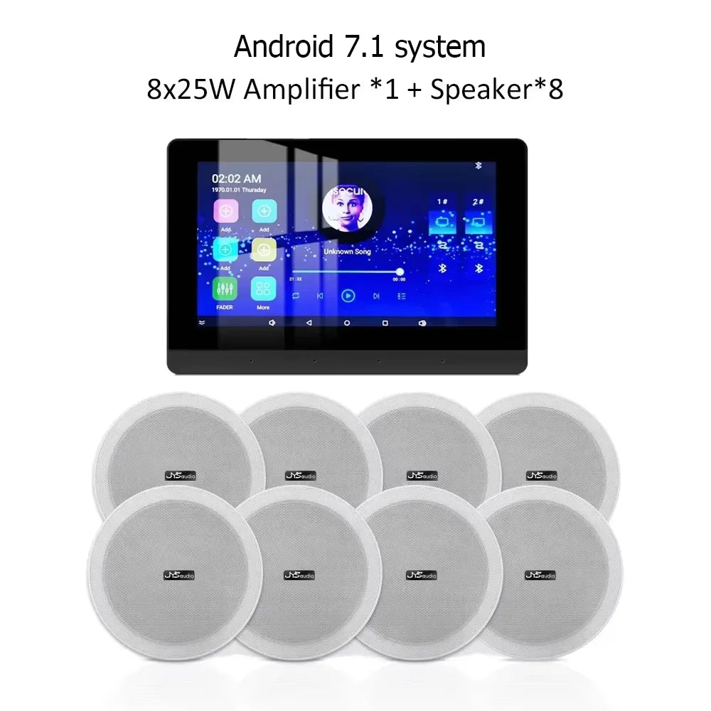 Wall-Mounted Wi-Fi Audio Amplifier with 8 Ceiling Speakers – Dual-Zone Bluetooth Control