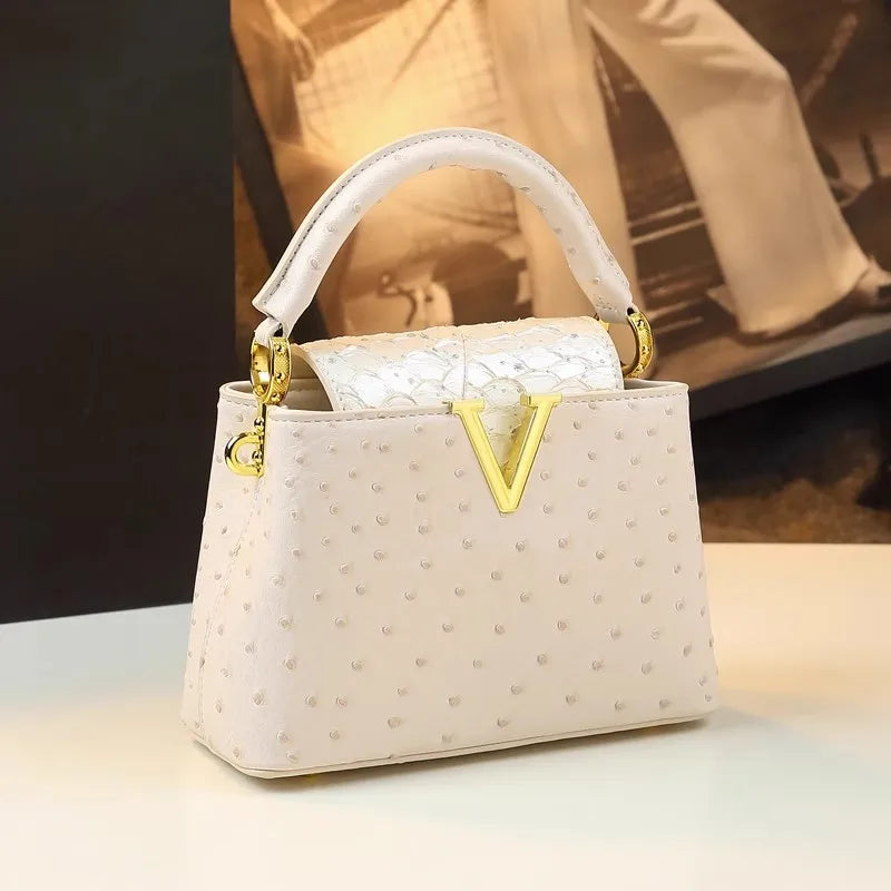 Ostrich Print Trapezoid Handbag