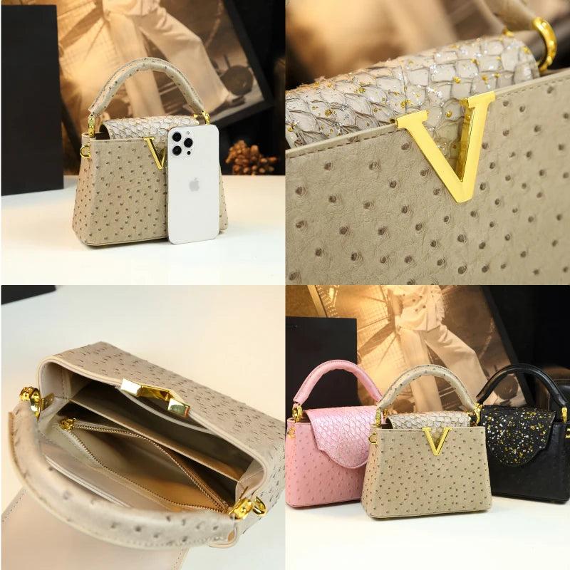 Ostrich Print Trapezoid Handbag