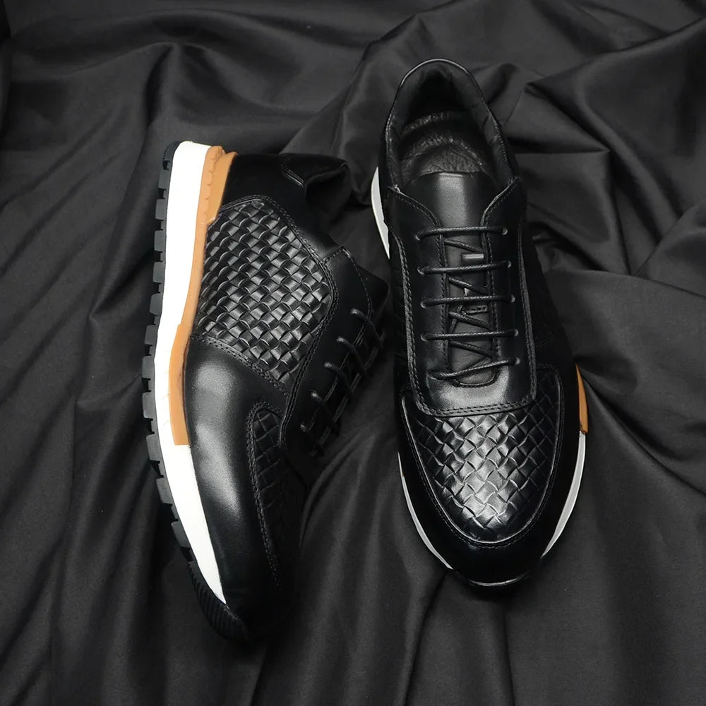 Men’s Luxury Plaid Weave Leather Sneakers | European Craftsmanship with Signature Texture