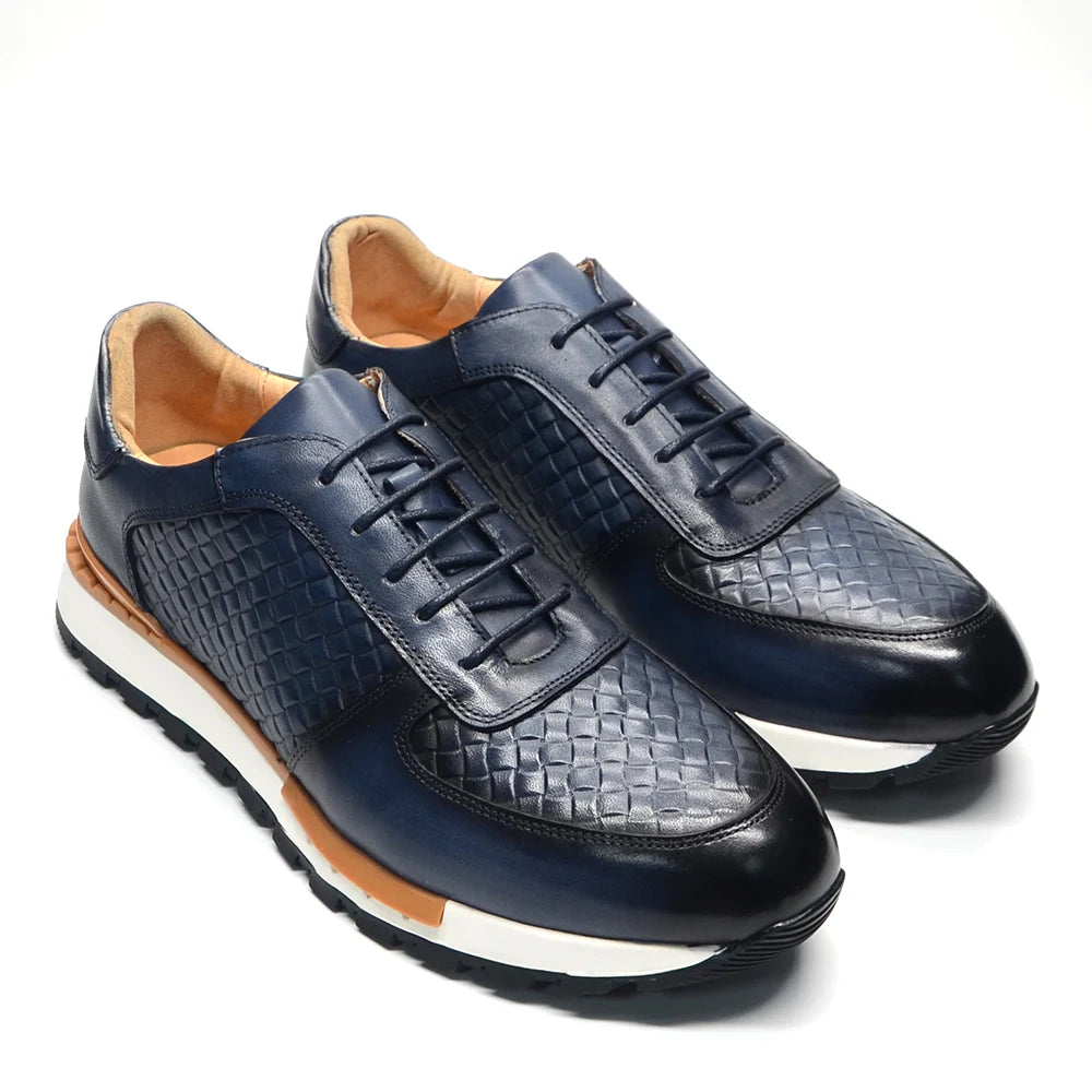 Men’s Luxury Plaid Weave Leather Sneakers | European Craftsmanship with Signature Texture