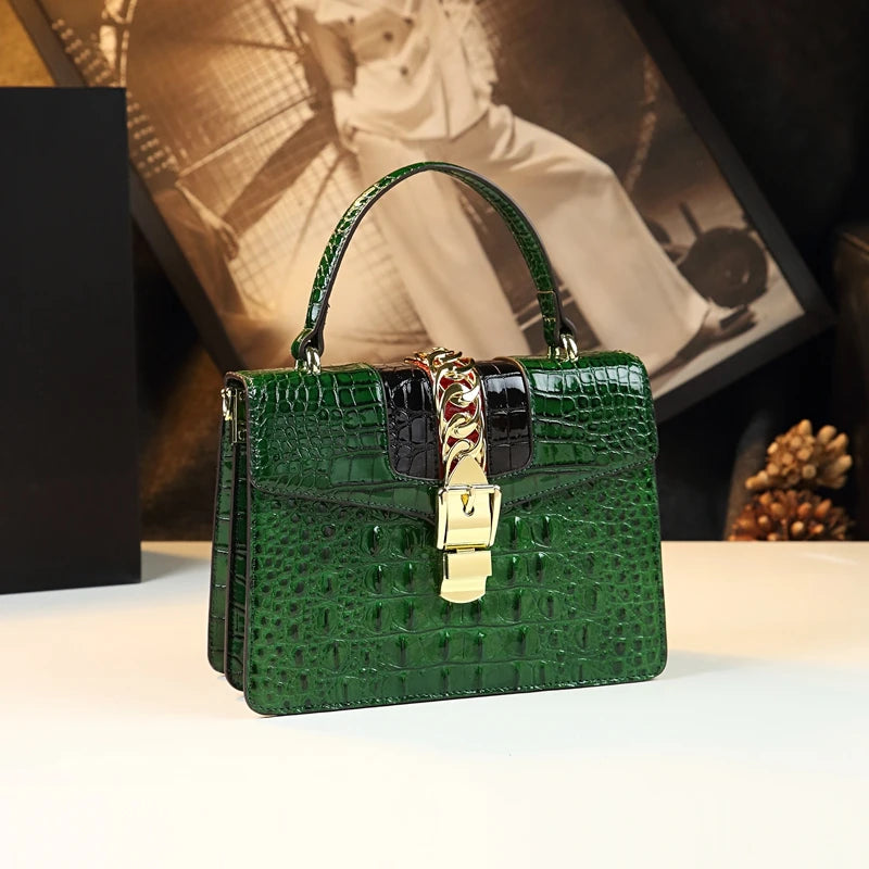 Crocodile-Embossed Leather Shoulder Bag