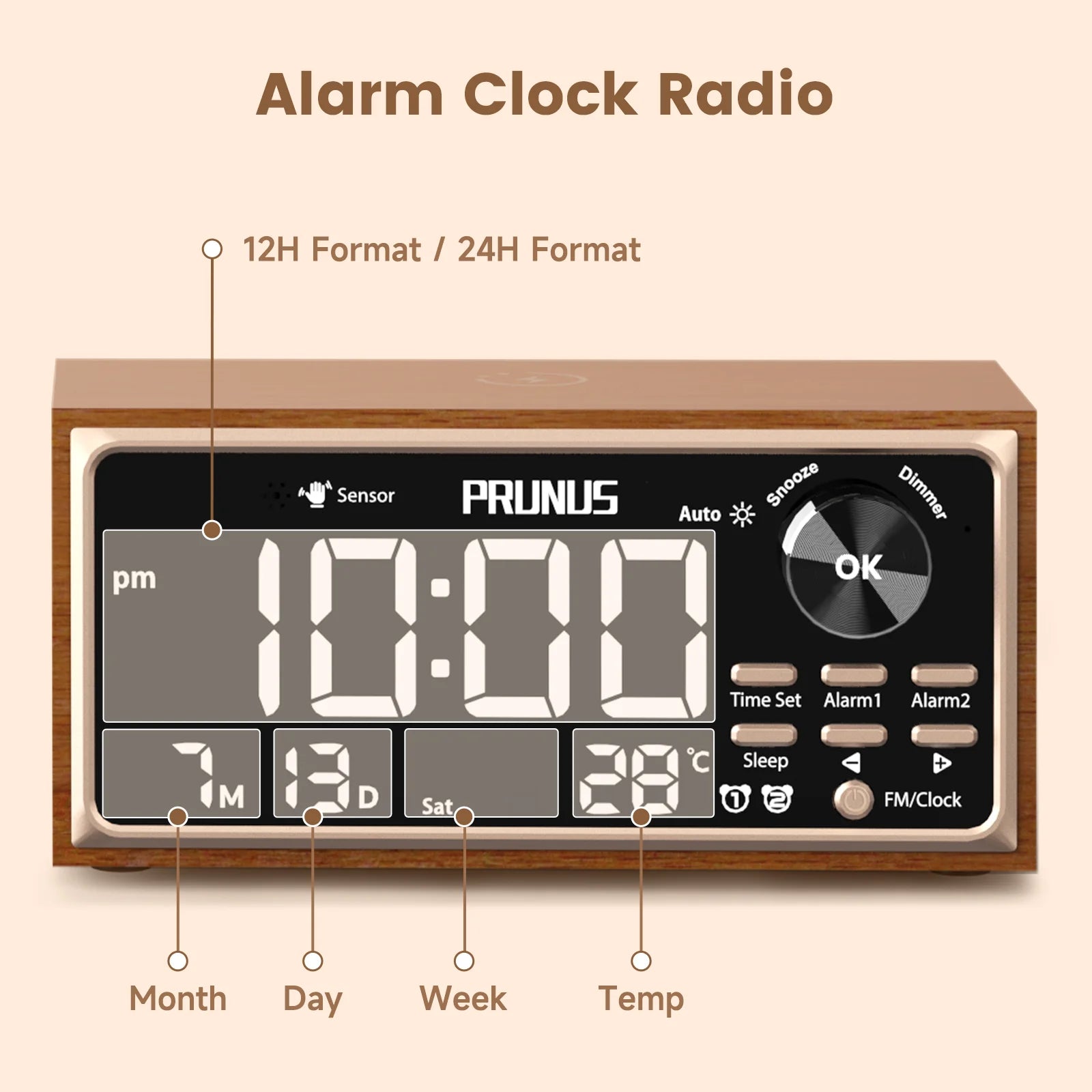 Vintage-Inspired Multifunctional Tabletop Alarm Clock with Wireless Charging & FM Radio