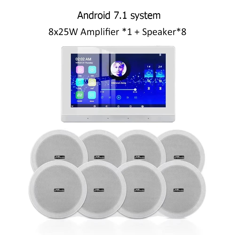 Wall-Mounted Wi-Fi Audio Amplifier with 8 Ceiling Speakers – Dual-Zone Bluetooth Control