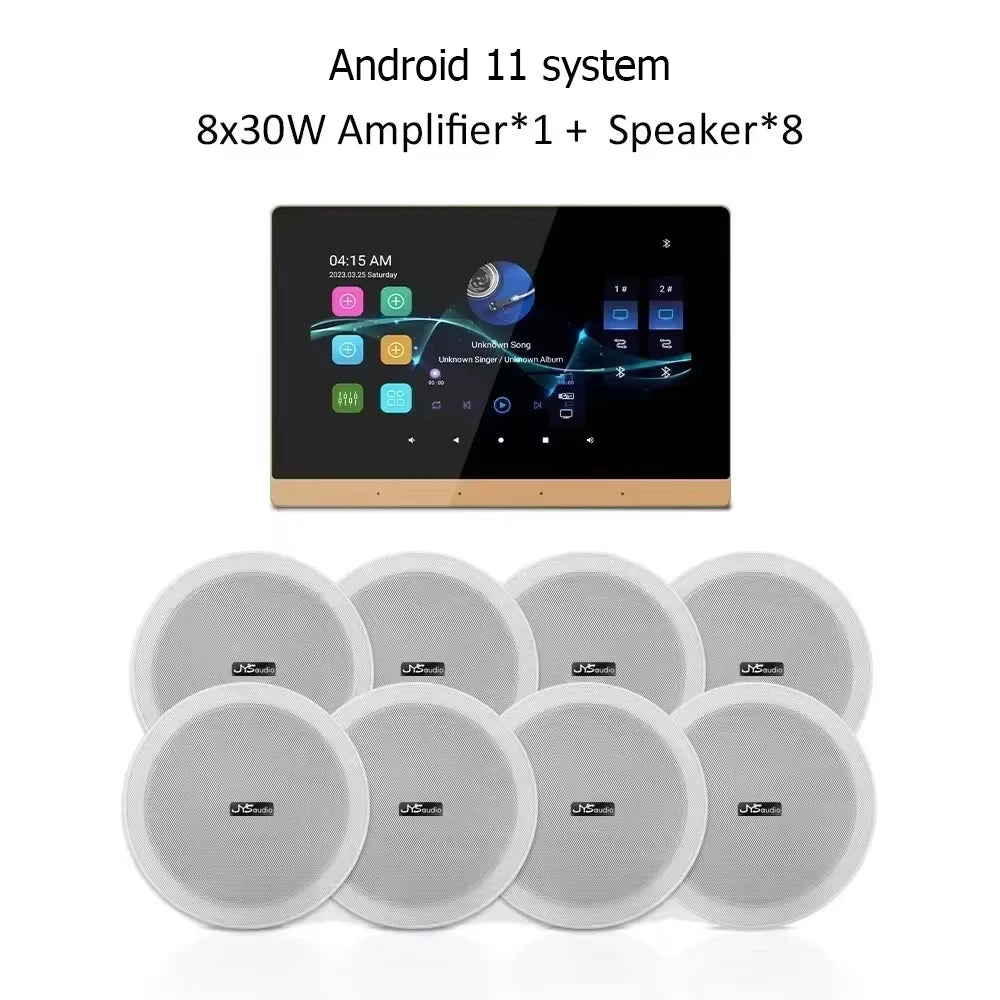 Wall-Mounted Wi-Fi Audio Amplifier with 8 Ceiling Speakers – Dual-Zone Bluetooth Control