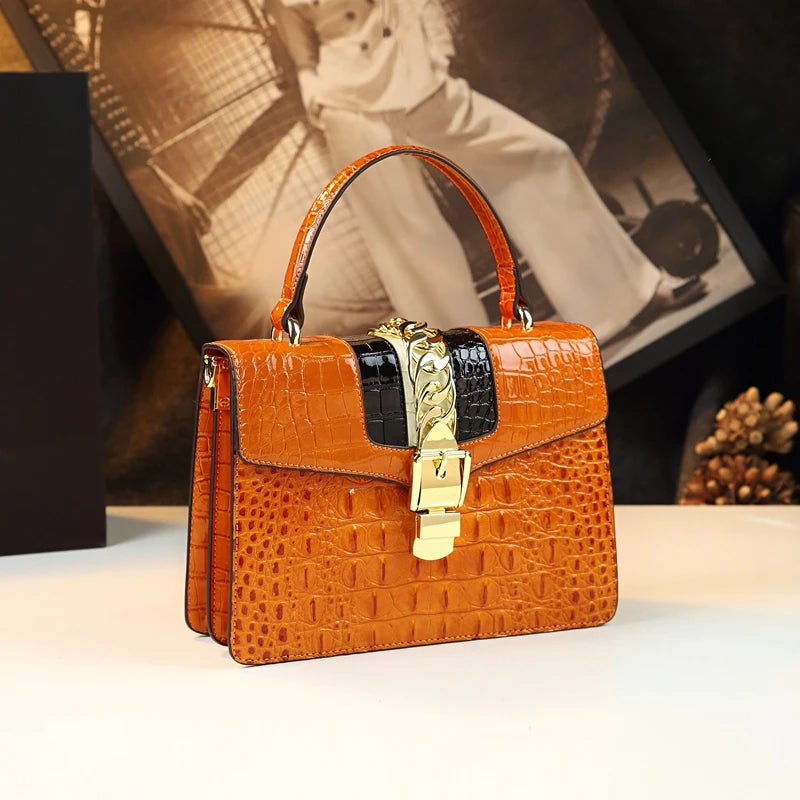 Crocodile-Embossed Leather Shoulder Bag