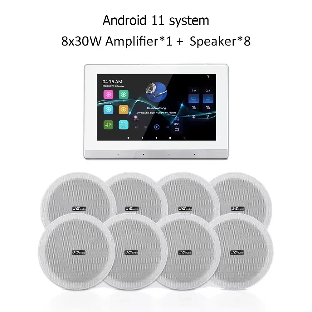 Wall-Mounted Wi-Fi Audio Amplifier with 8 Ceiling Speakers – Dual-Zone Bluetooth Control
