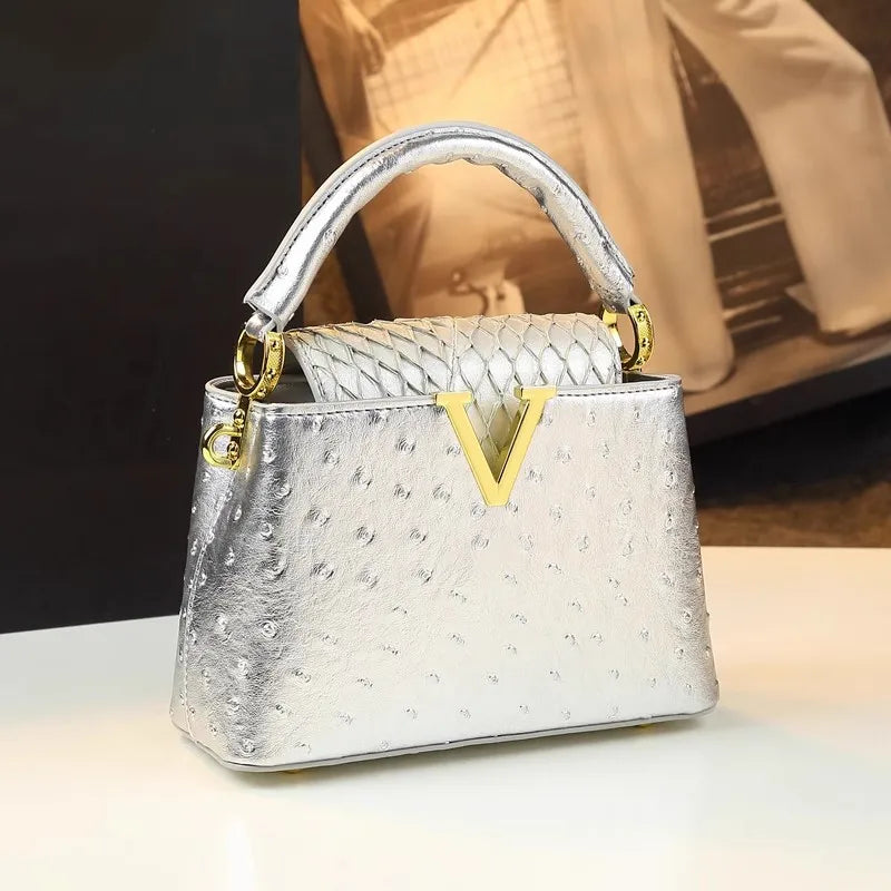 Ostrich Print Trapezoid Handbag