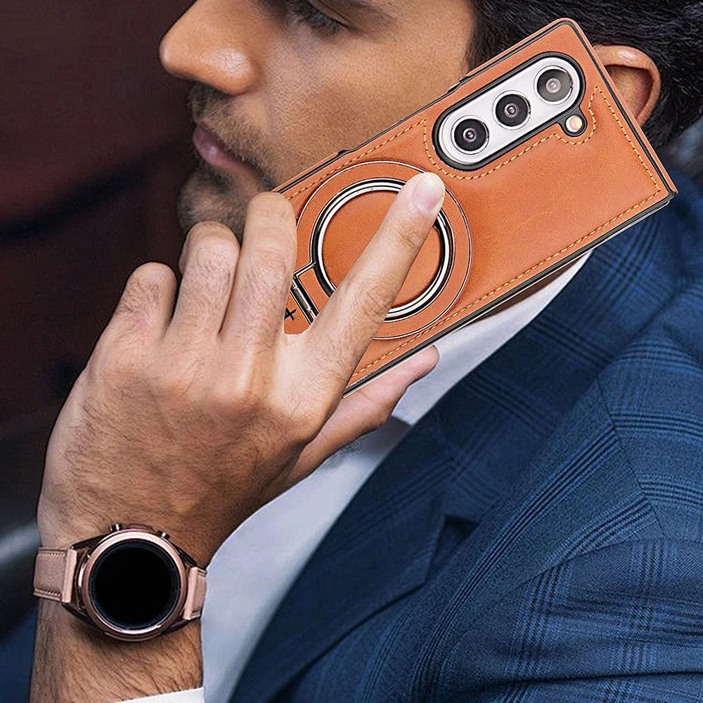 Magnetic Ring Holder Leather Case