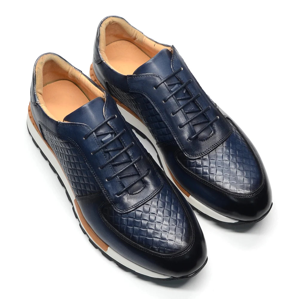 Men’s Luxury Plaid Weave Leather Sneakers | European Craftsmanship with Signature Texture