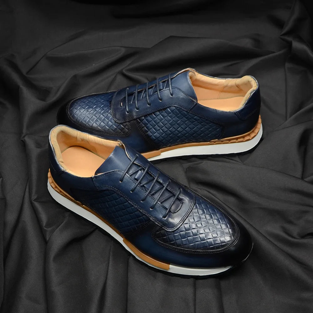 Men’s Luxury Plaid Weave Leather Sneakers | European Craftsmanship with Signature Texture