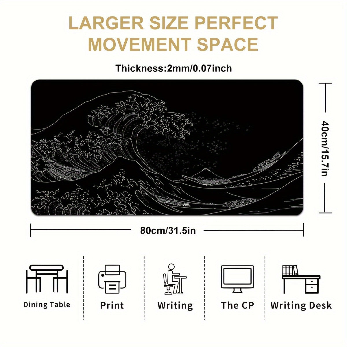 1pc Black And White Japanese Waves Sea Mouse Pad Abstract Large Gaming Mouse Pad 35.4x15.7 Inch Non-Slip Rubber Base Mousepad Stitched Edges Keyboard Desk Pad For Office Home E-sport