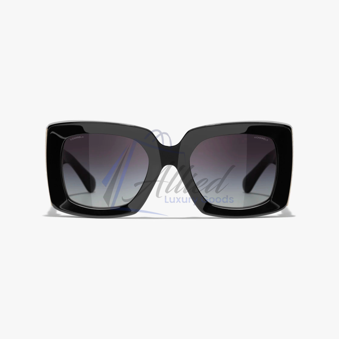 CHANEL Black & Gold Rectangular Sunglasses