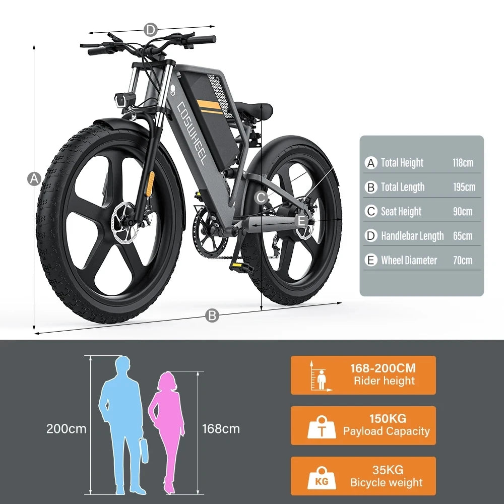 COSWHEEL T26 Electric Bike 26Inch Fat tires Adult Electric Mountain Bike 1500W 48V 25AH hydraulic brake ebike Off Road bicycle