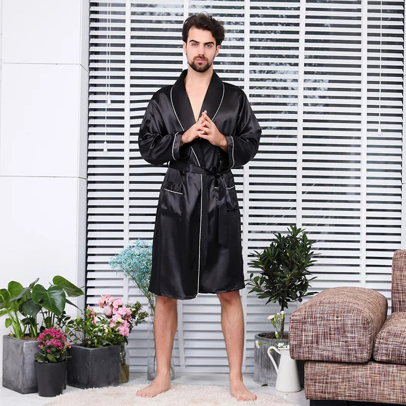 New Arrival Luxury Designer Men's Silk Kimono Robe Novelty Long Sleeve Sleepwear Bathrobe Satin Nightgown Summer Home Clothing