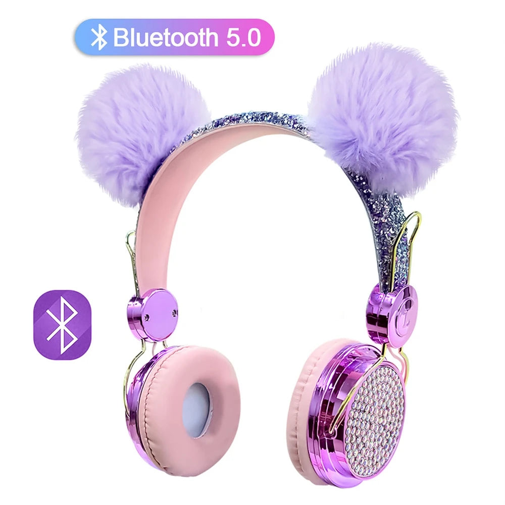 Bling Girl Kid Bluetooth Wireless Headphone With Microphone Luxury Glitter Cute Hairball Music Helmet Wired Phone Headset Gift