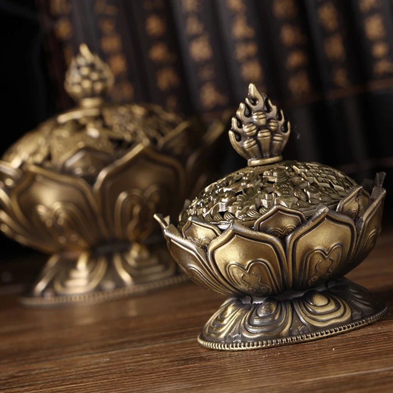 Lotus Flower Incense Burner Buddhism Buddha Holder Brass Mini Censer Incense Metal Craft Home Decoration