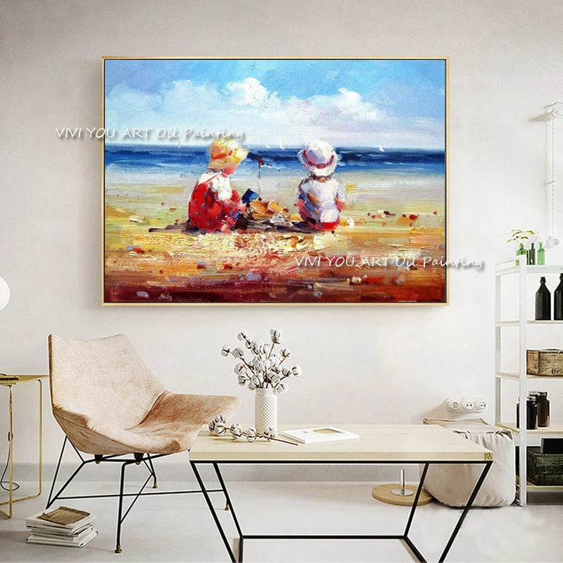 The Best Color Sea View Happy Children Abstract Handmade Oil Painting On Canvas Figure Wall Art Picture for Living Room Decor