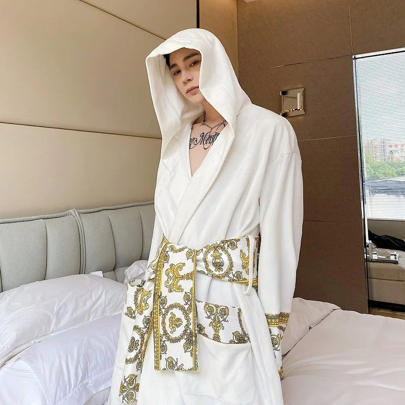 IEFB Winter Thickened Comfortable Velvet Light Luxury Hooded Long Nightgown Men's Fashion Robes Belted Warm Clothes 9Y9924