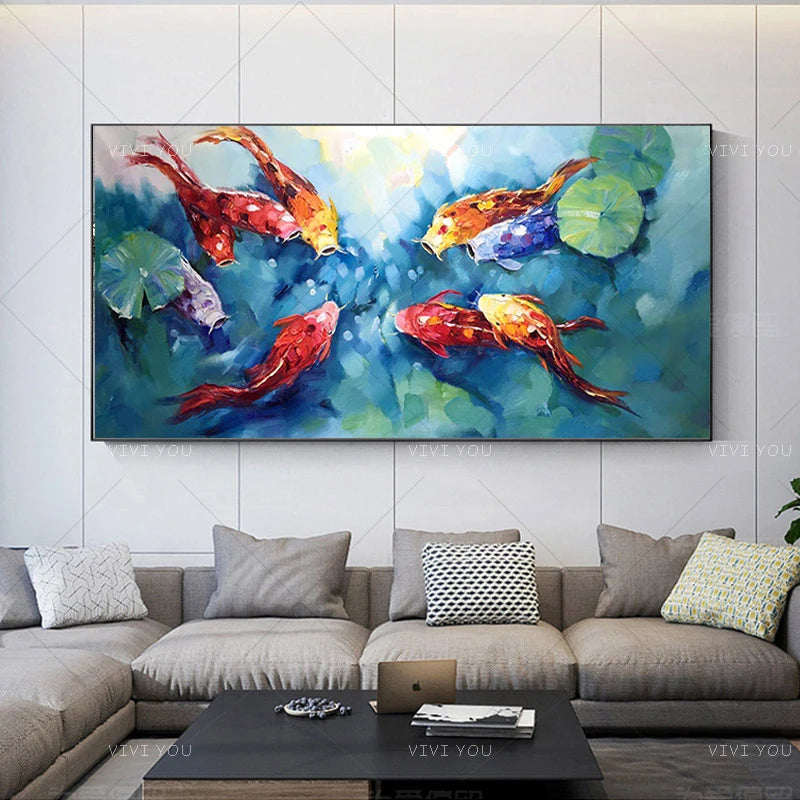 Canvas Wall Decoration 100％Hand-painted Fishes Wall Picture Oil Painting Frameless Artwork For Living Room