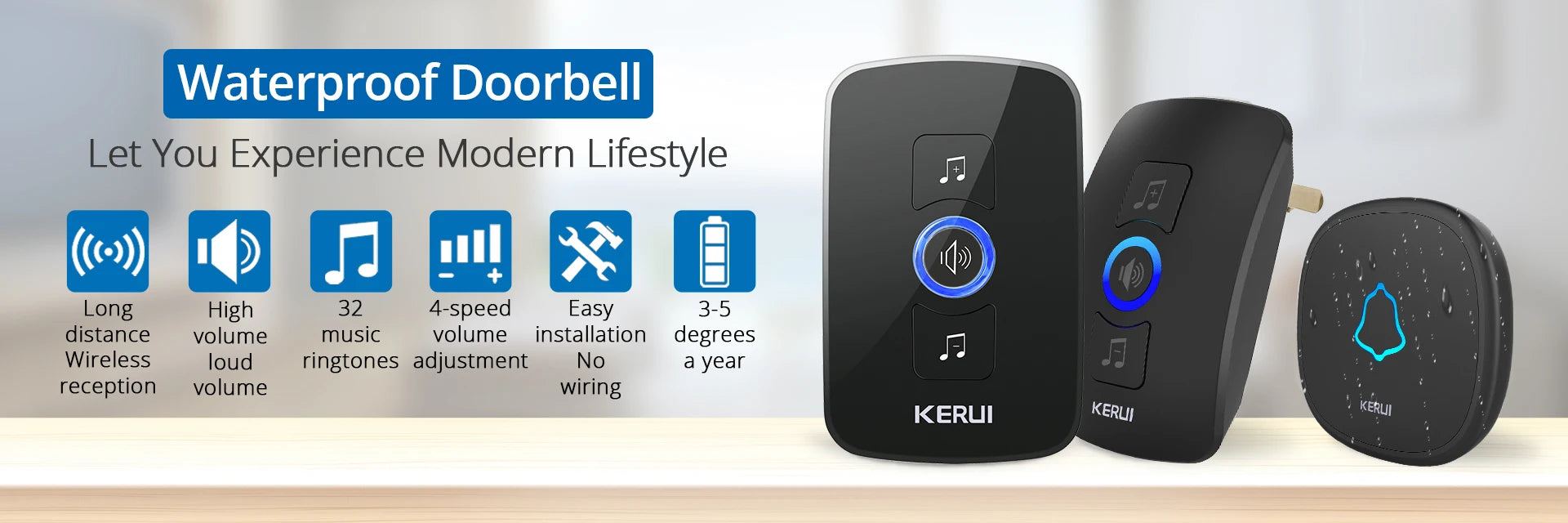 KERUI Outdoor M525 Waterproof Wireless Doorbell Smart Home Door Bell Kit LED Flash Security Alarm Welcome House 60 Melodies