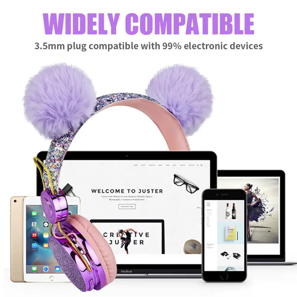 Bling Girl Kid Bluetooth Wireless Headphone With Microphone Luxury Glitter Cute Hairball Music Helmet Wired Phone Headset Gift