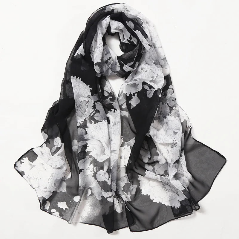 Fashion Women Silky Georgette Chiffon Floral Printing Beach Scarf Shawls Long Wraps Shawl Beach Scarf Kerchief Female Foulard