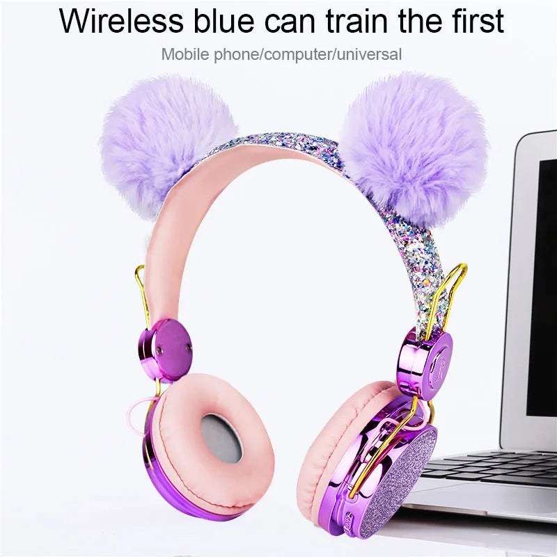 Bling Girl Kid Bluetooth Wireless Headphone With Microphone Luxury Glitter Cute Hairball Music Helmet Wired Phone Headset Gift