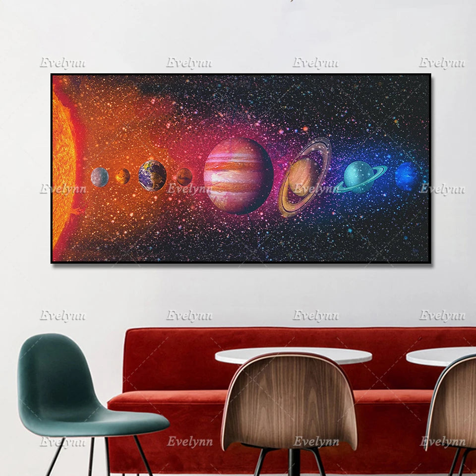 Solar System Art Print Canvas-Colorful Planets-Galaxy Stars Statement Fine Art Wall Painting- Astronomy Outer Space Postrt Decor