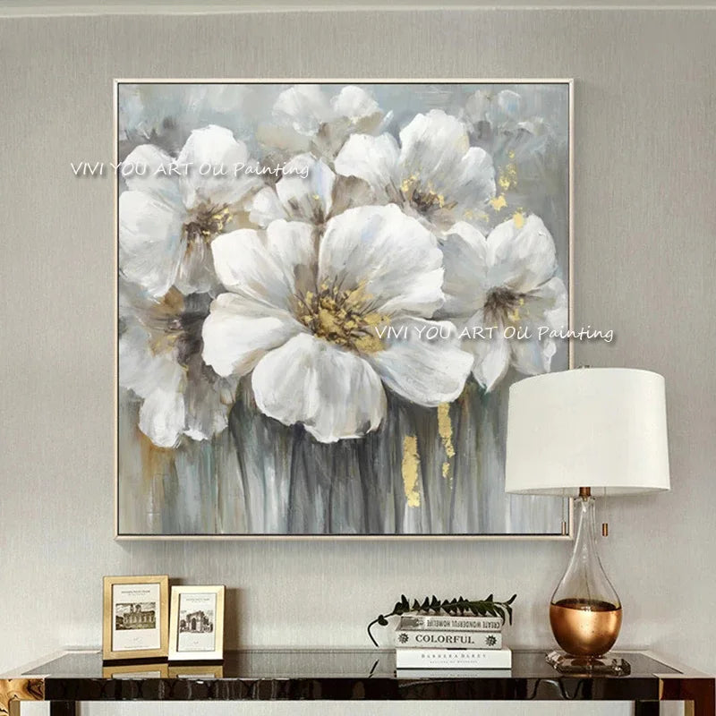 Handpainted Abstract Big White Flower Canvas Painting Modern Picture for Living Room Aisle Fashion Wall Art Picture Gifts