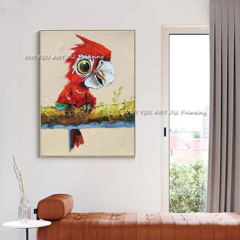 Abstract Animal Colorful Handpainted Red Parrot Oil Painting On Canvas Frameless Creative Wall Picture For Living Room Decoraion