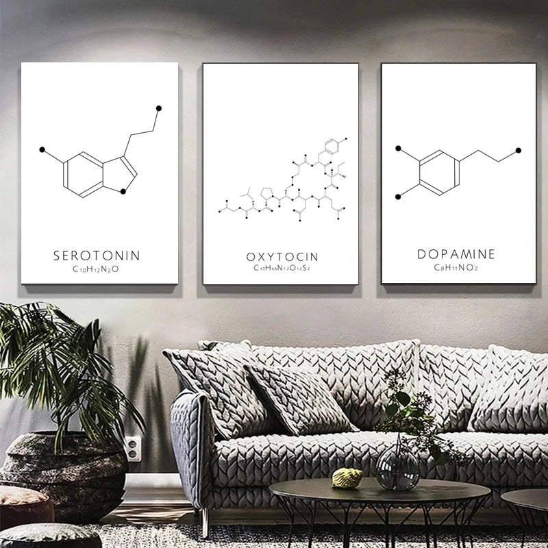 Serotonin & Dopamine Molecule Line Art – Canvas Print