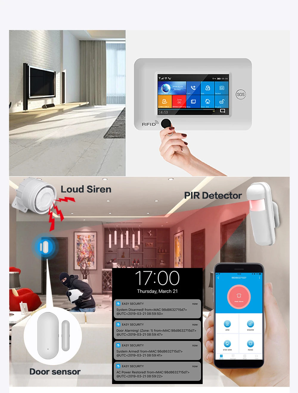 PGST 433MHz All Touch Screen Wireless WIFI GSM RFID Card Burglar Alarm System Smart Home Security DIY Alarm TUYA Smart Life