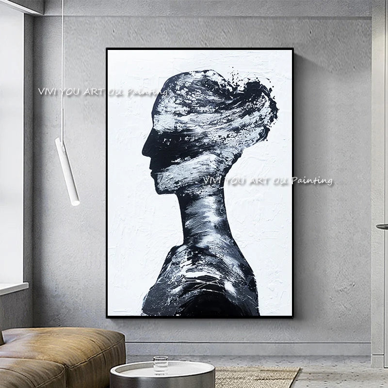 The Top Selling Handmande Black White Woman Portrait Abstract Oil Painting Canvas Wall Art Picture For Home Decor Girl Graph