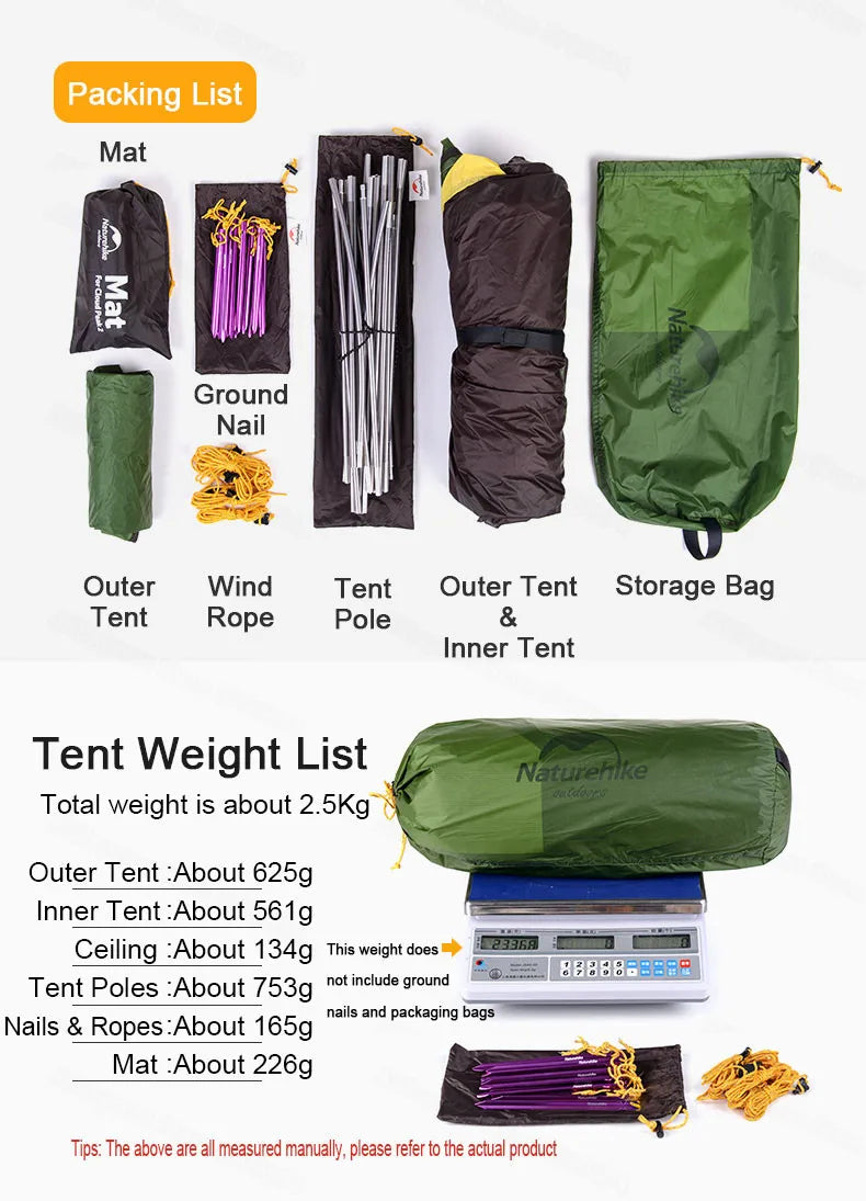 Naturehike Cloud Peak 2 Camping Tent 2-Person 20D Waterproof Ultralight Outdoor Travel Double Layer Tent 4-Season Use