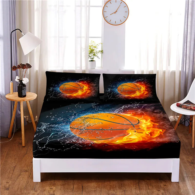 Basketball Digital Printed 3pc Polyester  Fitted Sheet Mattress Cover Four Corners with Elastic Band Bed Sheet Pillowcases